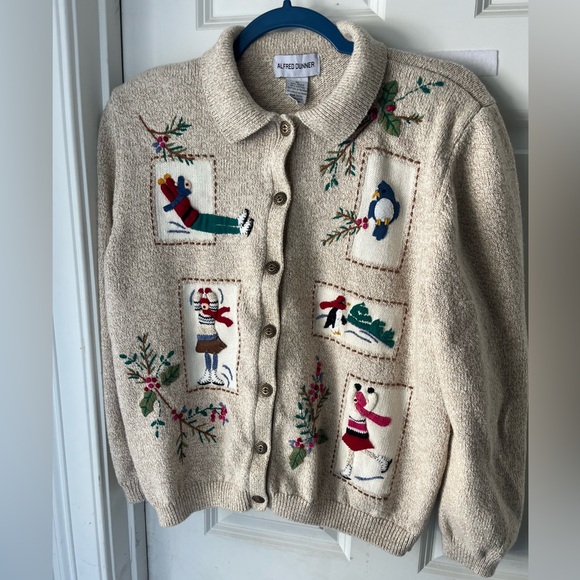 Alfred Dunner Sweaters - Alfred Dunner cotton ramie Beige Cardigan with Festive winter Embroidery